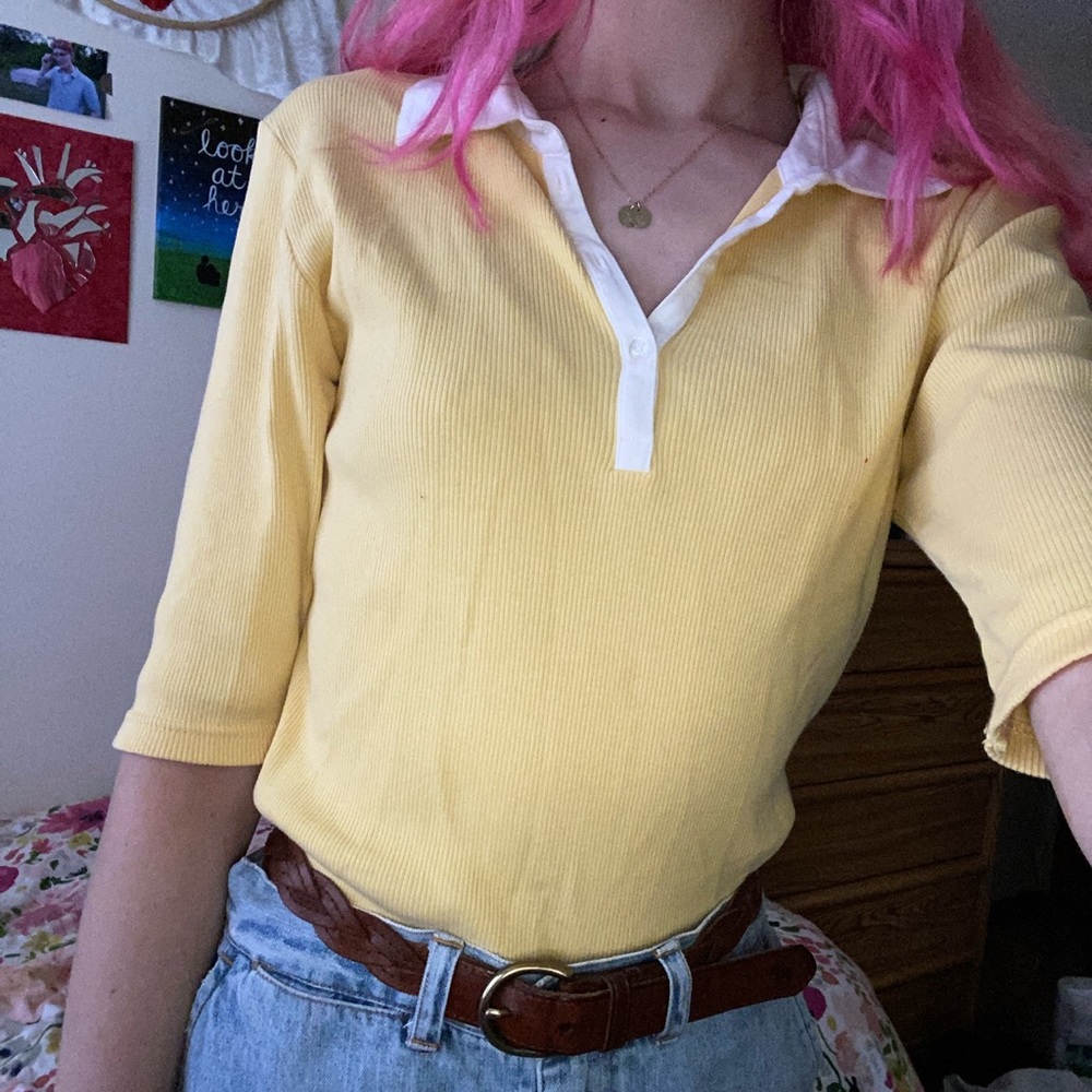 Yellow button up top with white collar